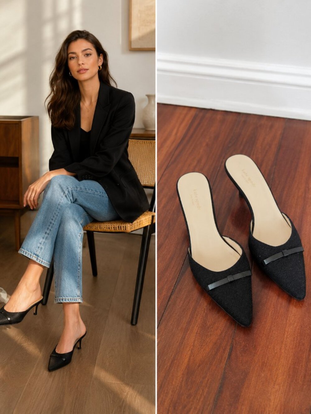 Kate Spade New York Black Pointed Toe Mule Heels Italy Size 8.5B Kitten Heel